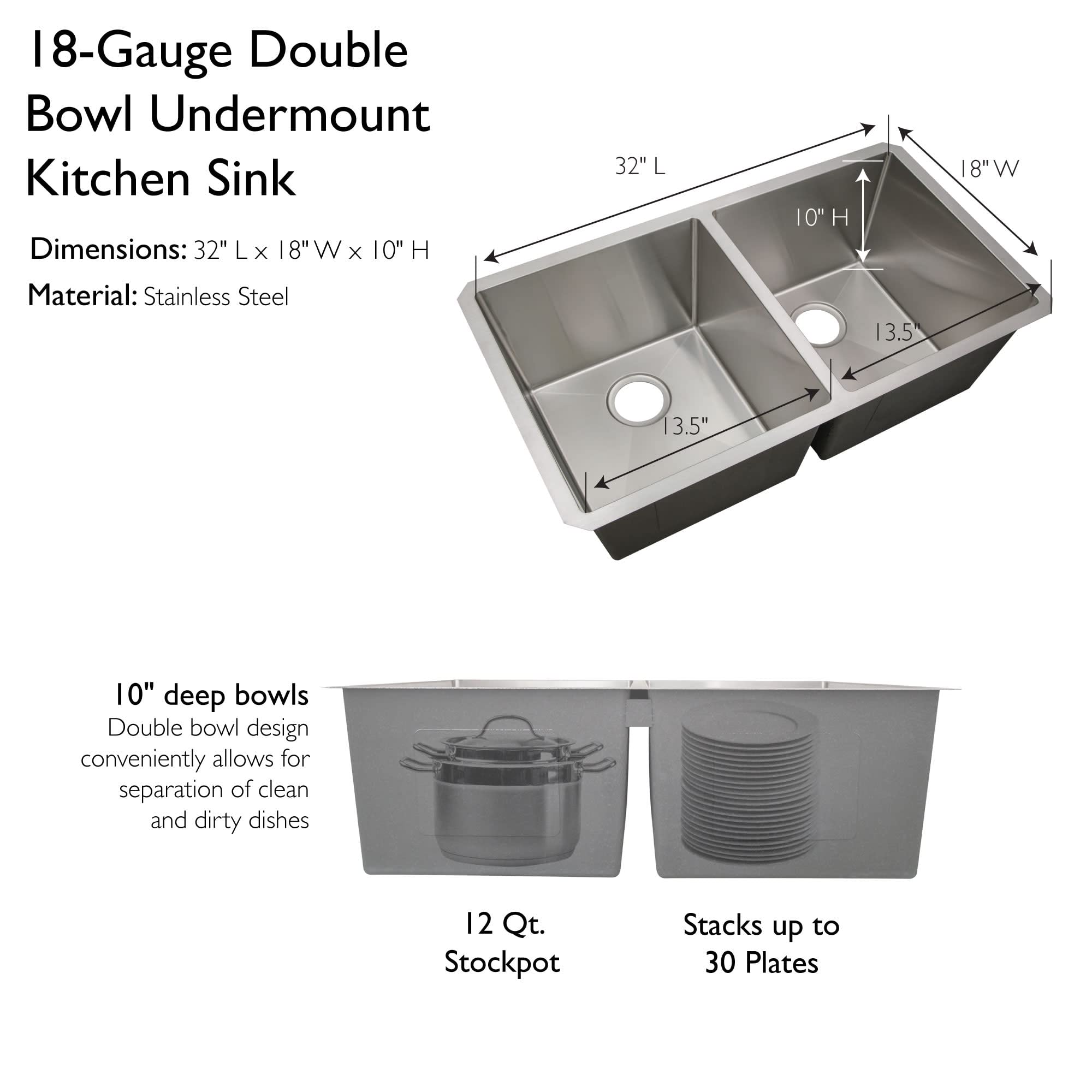 Design House 110023 Rectangular Double Bowl 32x18x10-inch 18-Gauge Undermount Kitchen Sink, Stainless Steel - Image 5