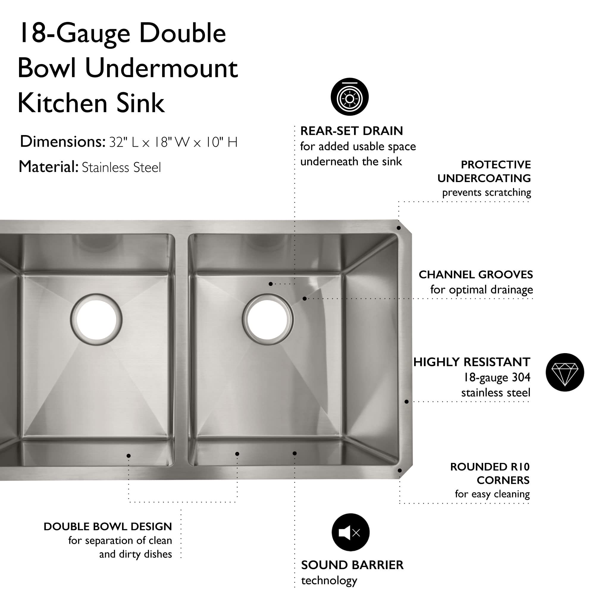 Design House 110023 Rectangular Double Bowl 32x18x10-inch 18-Gauge Undermount Kitchen Sink, Stainless Steel - Image 6
