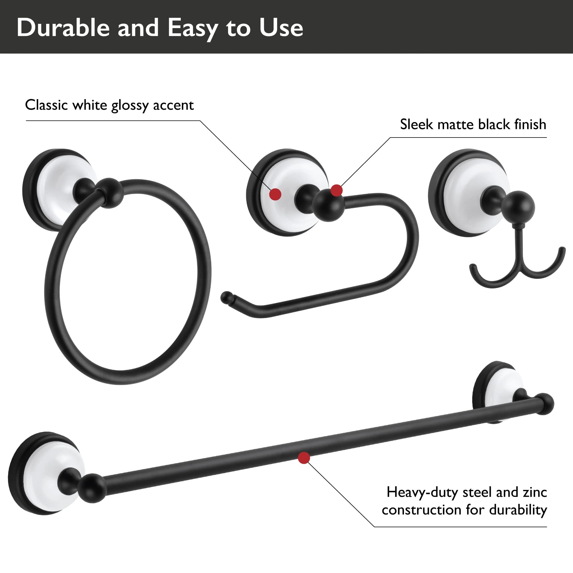 Design House 188425 Savannah 4-Piece Bathroom Hardware Accessory Kit with Towel Bar, Towel Ring, Toilet Paper Holder, and Robe Hook, Matte Black and White - Image 3