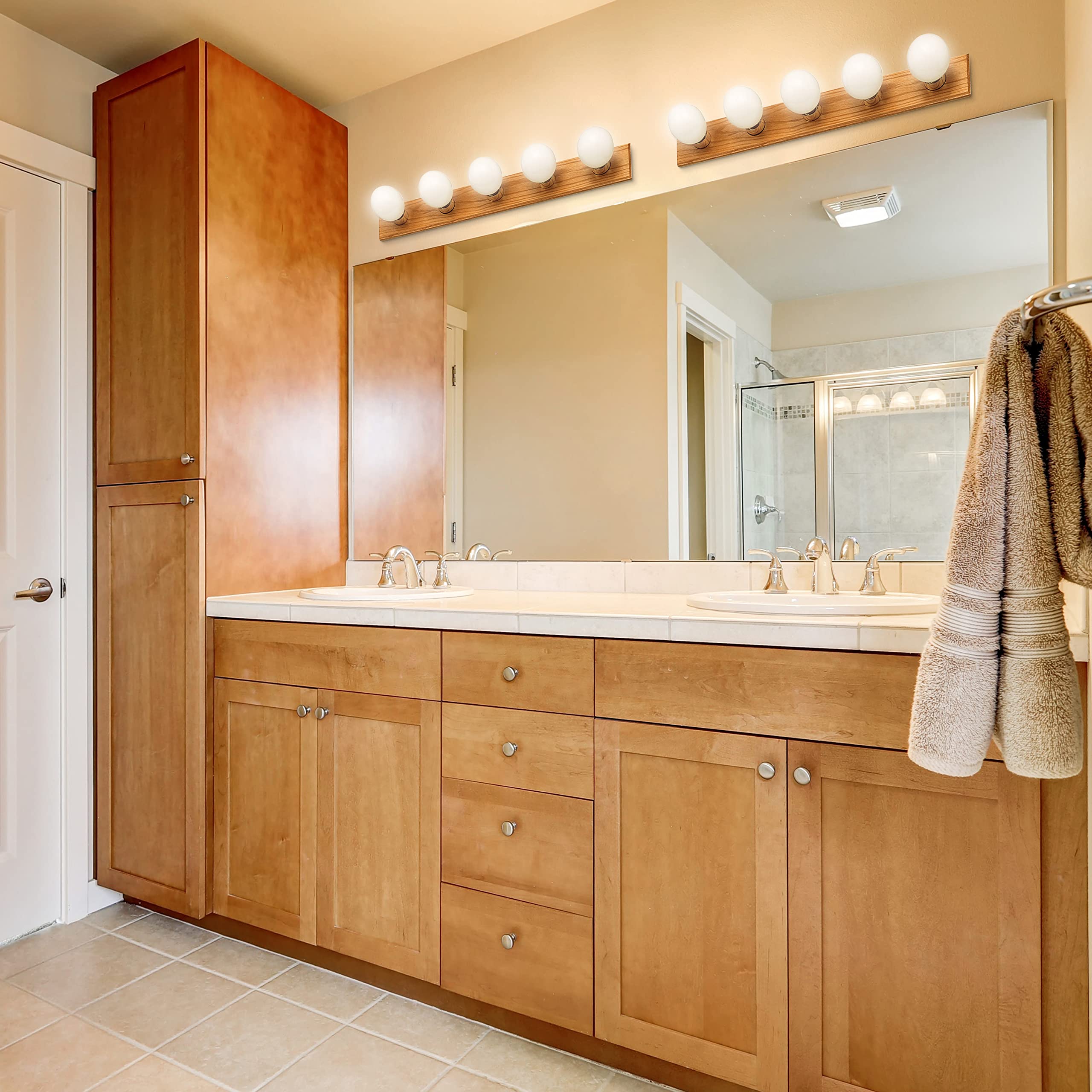 Design House 500215 5-Light Vanity Strip Light Contemporary Dimmable for Bathroom, Bedroom, Makeup Vanity, Honey Oak - Image 6