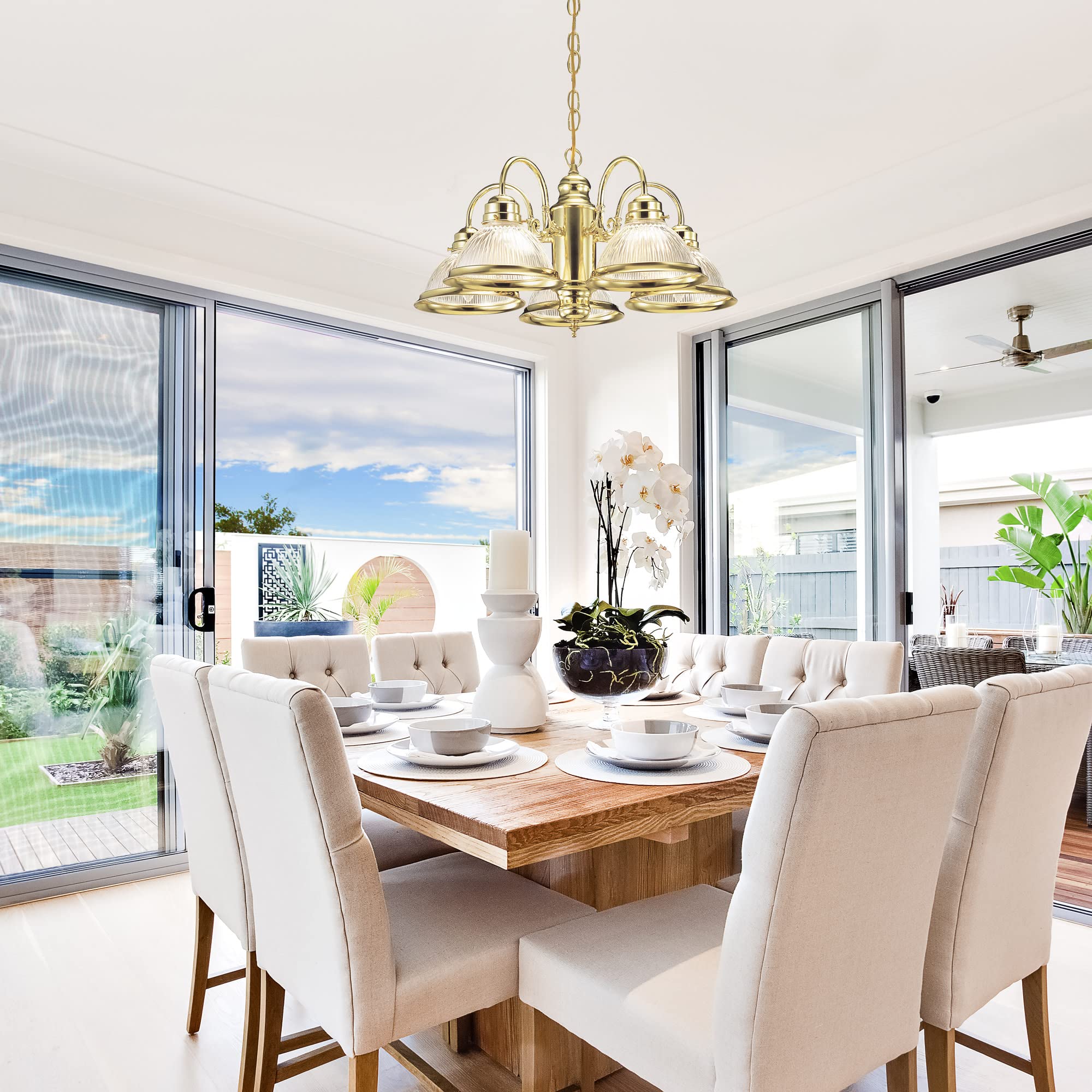 Design House 500546 Millbridge Traditional 5-Light Indoor Dimmable Chandelier with Clear Ribbed Glass Shades for Entryway Foyer Dining Room, Polished Brass - Image 4