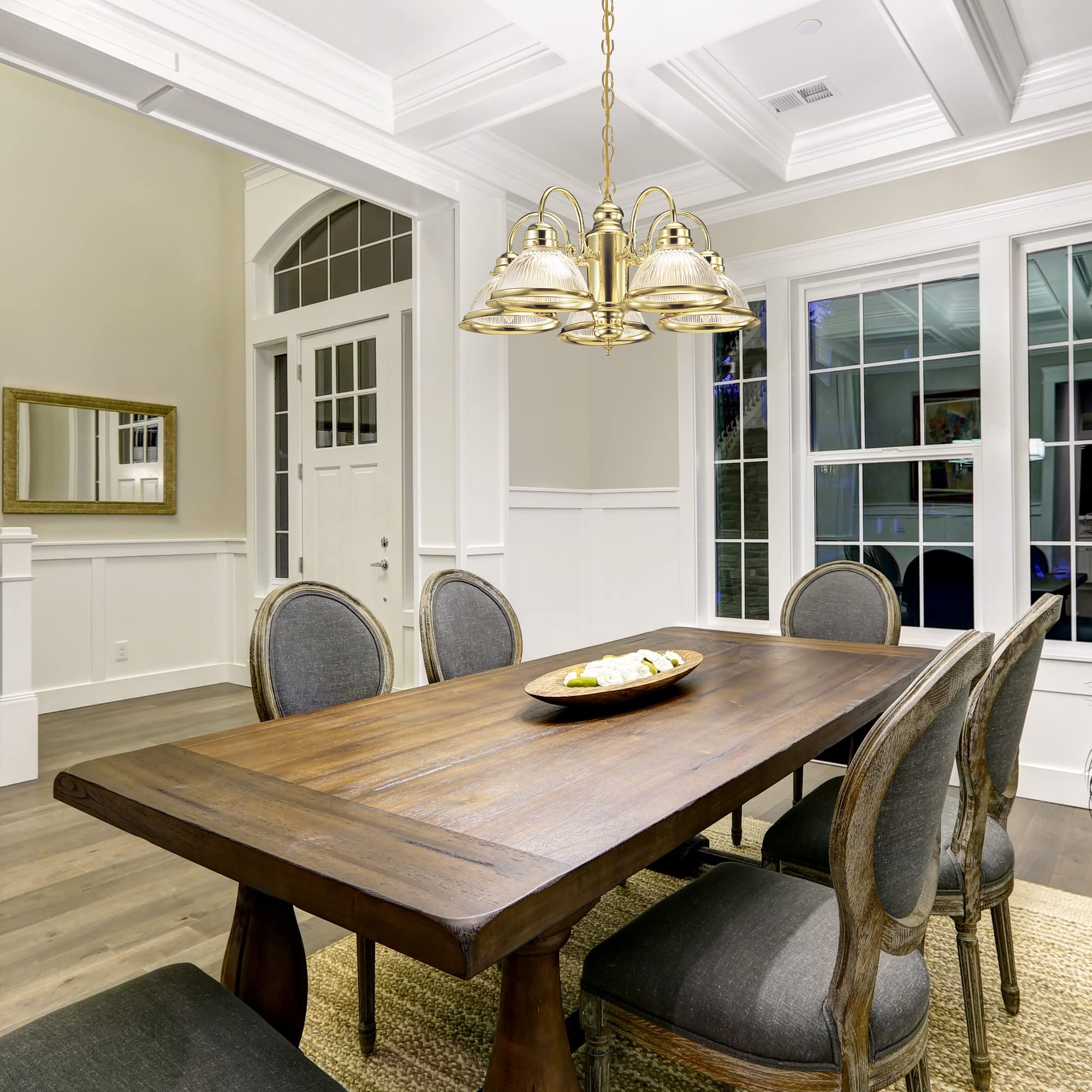 Design House 500546 Millbridge Traditional 5-Light Indoor Dimmable Chandelier with Clear Ribbed Glass Shades for Entryway Foyer Dining Room, Polished Brass - Image 5