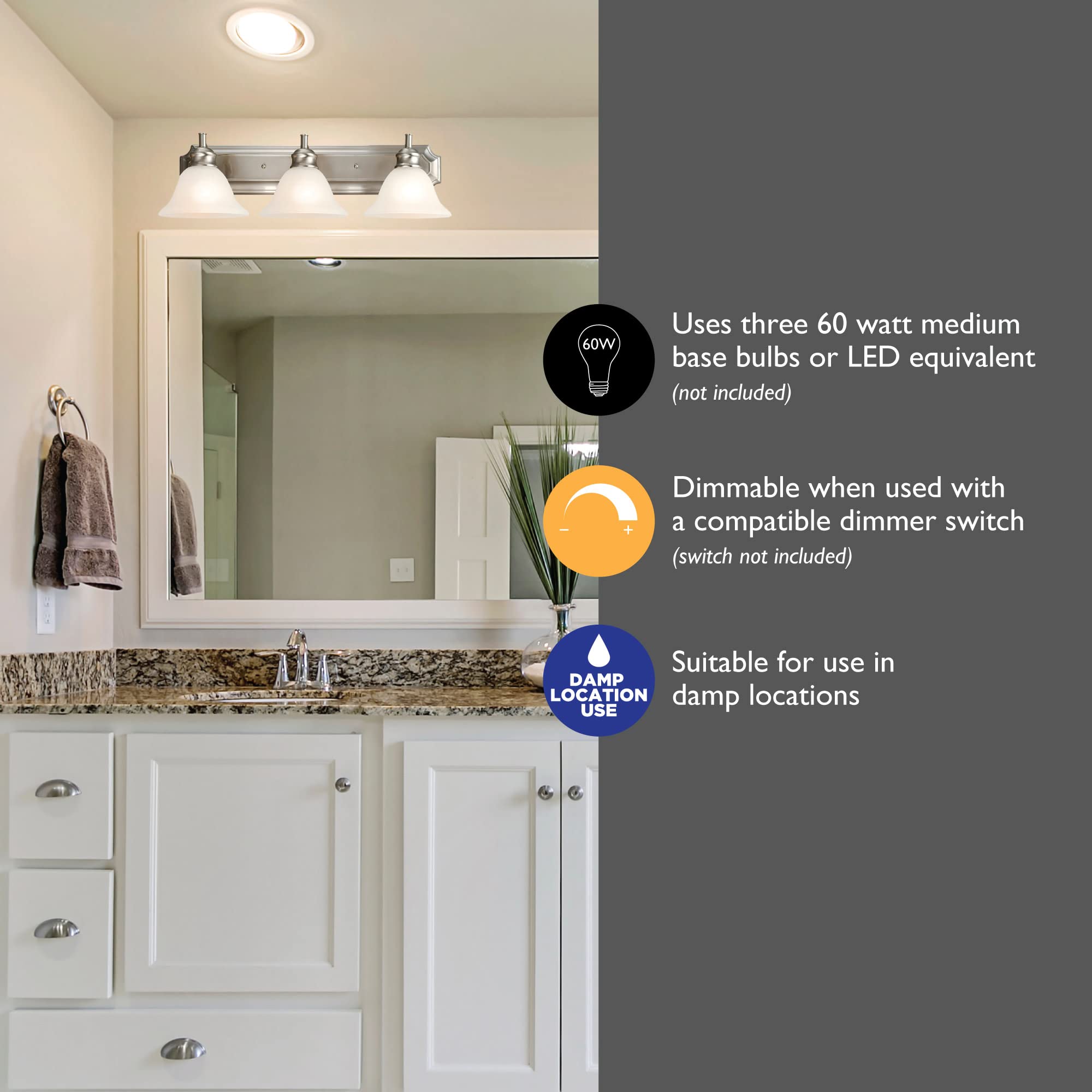 Design House 510263 Bristol Vanity Light Dimmable with Frosted Glass for Above Bathroom Mirror, 3, Satin Nickel - Image 5