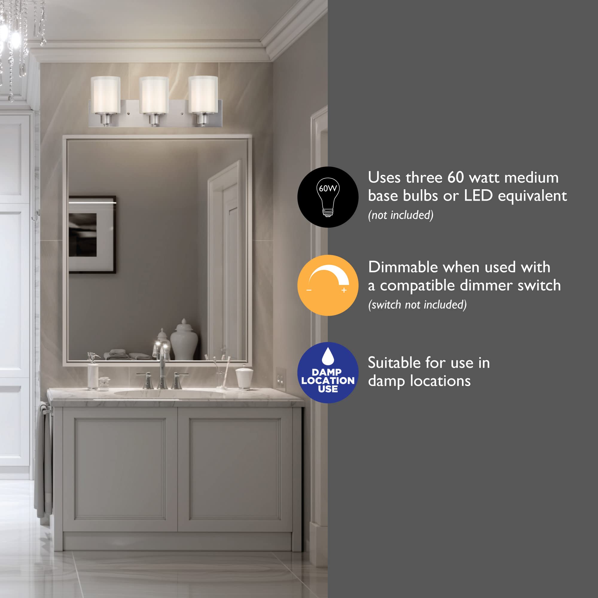 Design House 579300 Oslo Vanity Light Traditional 3-Light Indoor Dimmable Light for Bathroom with Frosted Glass for Above The Mirror, Satin Nickel - Image 7