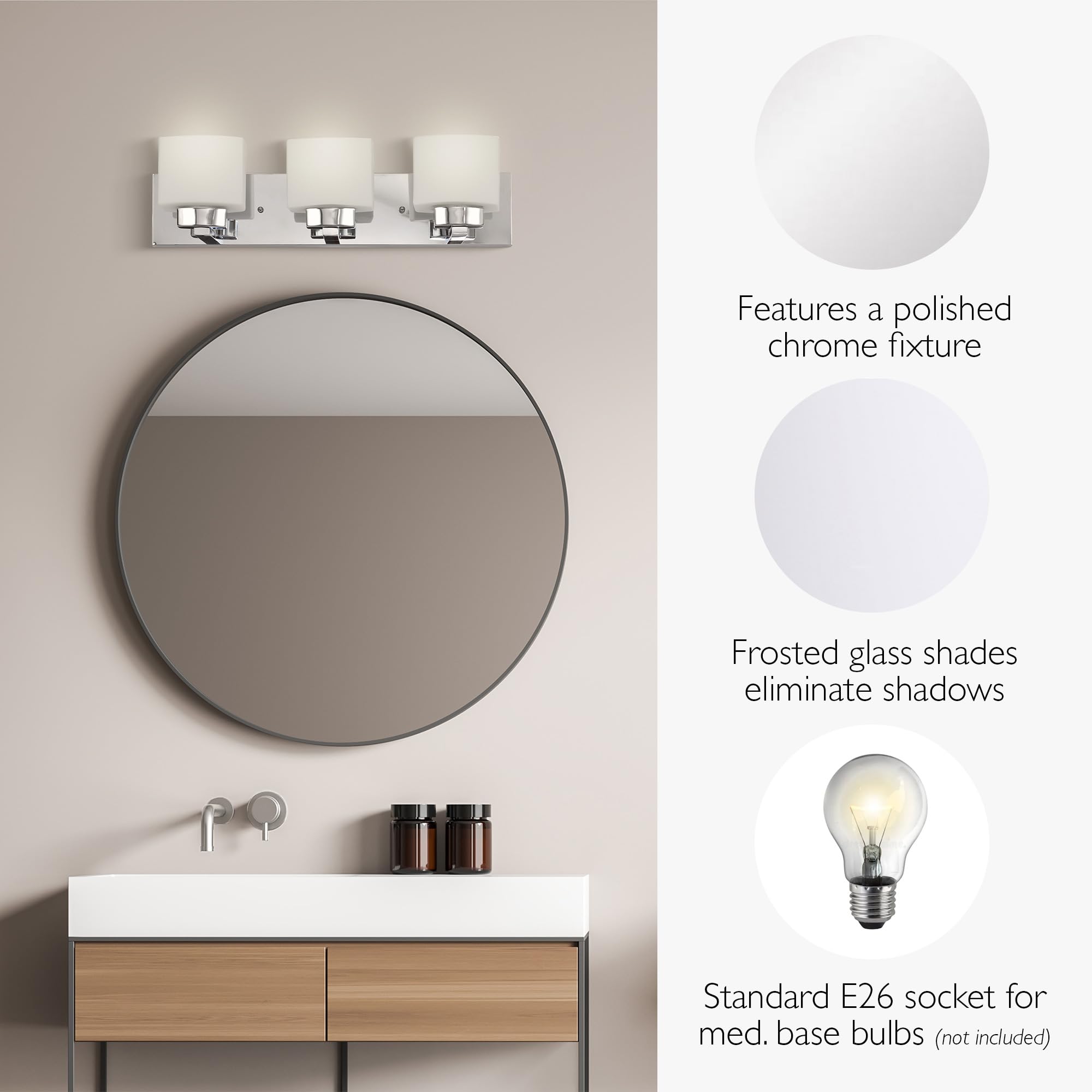 Design House 587469 Dove Creek 3-Light Vanity Light, Polished Chrome Finish, Frosted Glass Shades, Dimmable, Bathroom Wall Fixture - Image 5