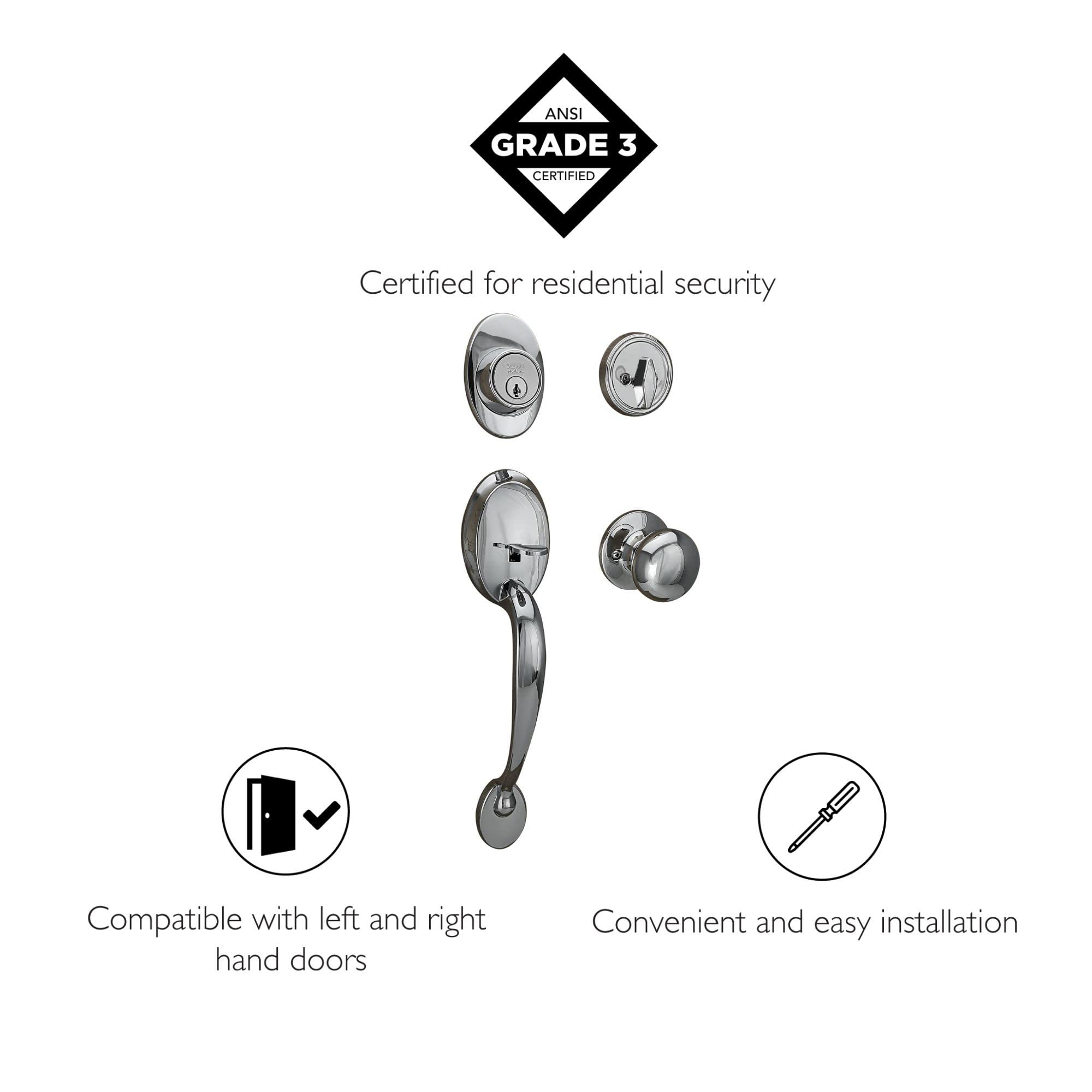 Design House 779074 Coventry Handleset with Cambridge Interior Knob and Single Cylinder Deadbolt Polished Chrome - Image 4