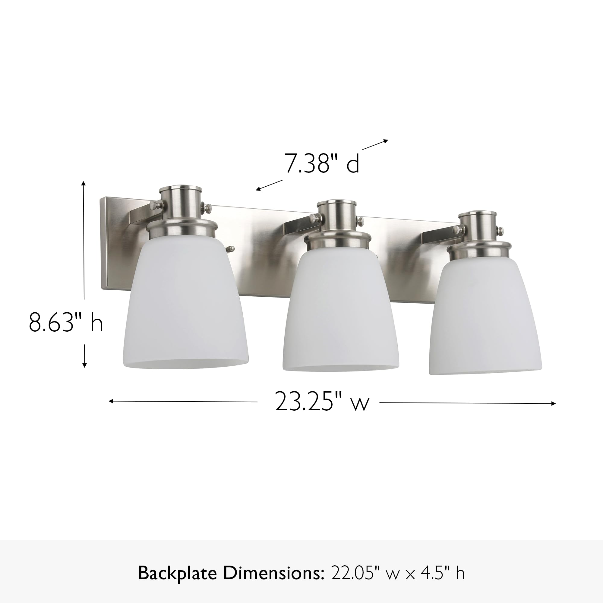 Design House Atkinson Vanity Light, 3-Light, Frosted White Glass Shades, Dimmable, Up/Down Mountable, E26 Socket, Satin Nickel, 23.3 in L x 7.4 in W x 8.6 in H, 589523 - Image 3