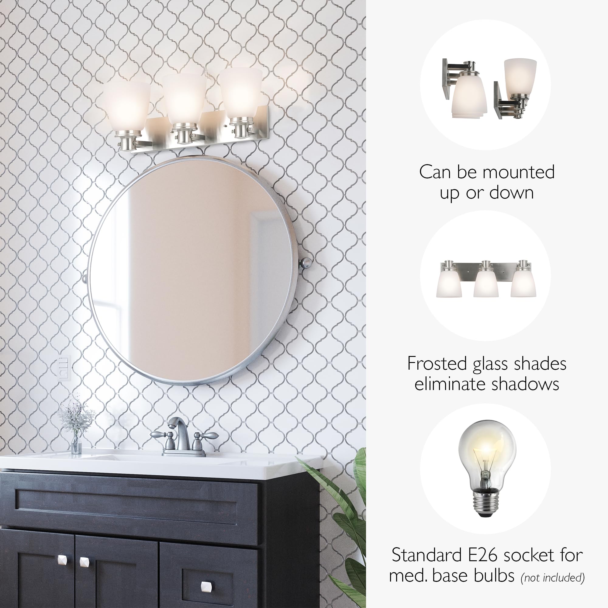 Design House Atkinson Vanity Light, 3-Light, Frosted White Glass Shades, Dimmable, Up/Down Mountable, E26 Socket, Satin Nickel, 23.3 in L x 7.4 in W x 8.6 in H, 589523 - Image 4