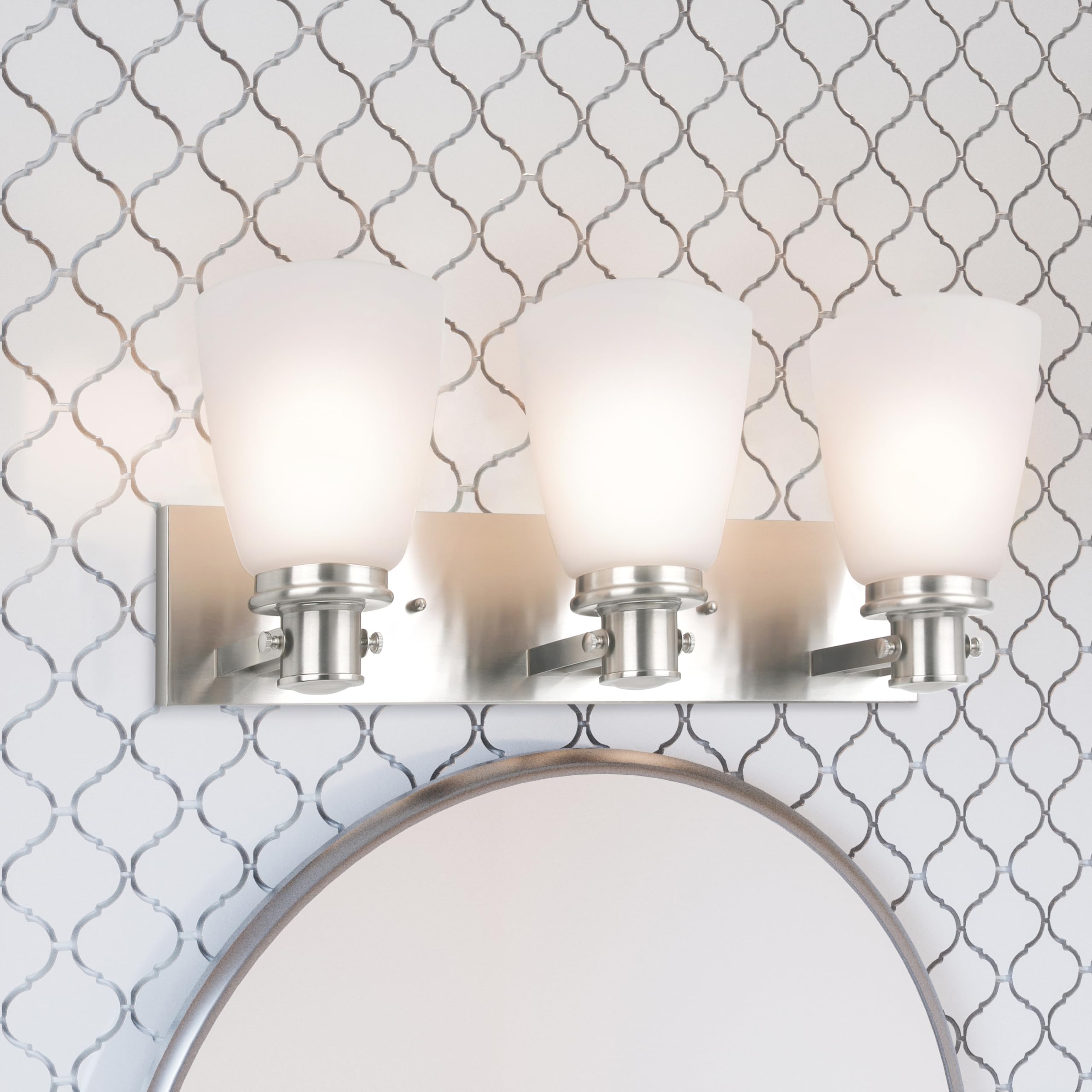 Design House Atkinson Vanity Light, 3-Light, Frosted White Glass Shades, Dimmable, Up/Down Mountable, E26 Socket, Satin Nickel, 23.3 in L x 7.4 in W x 8.6 in H, 589523 - Image 6