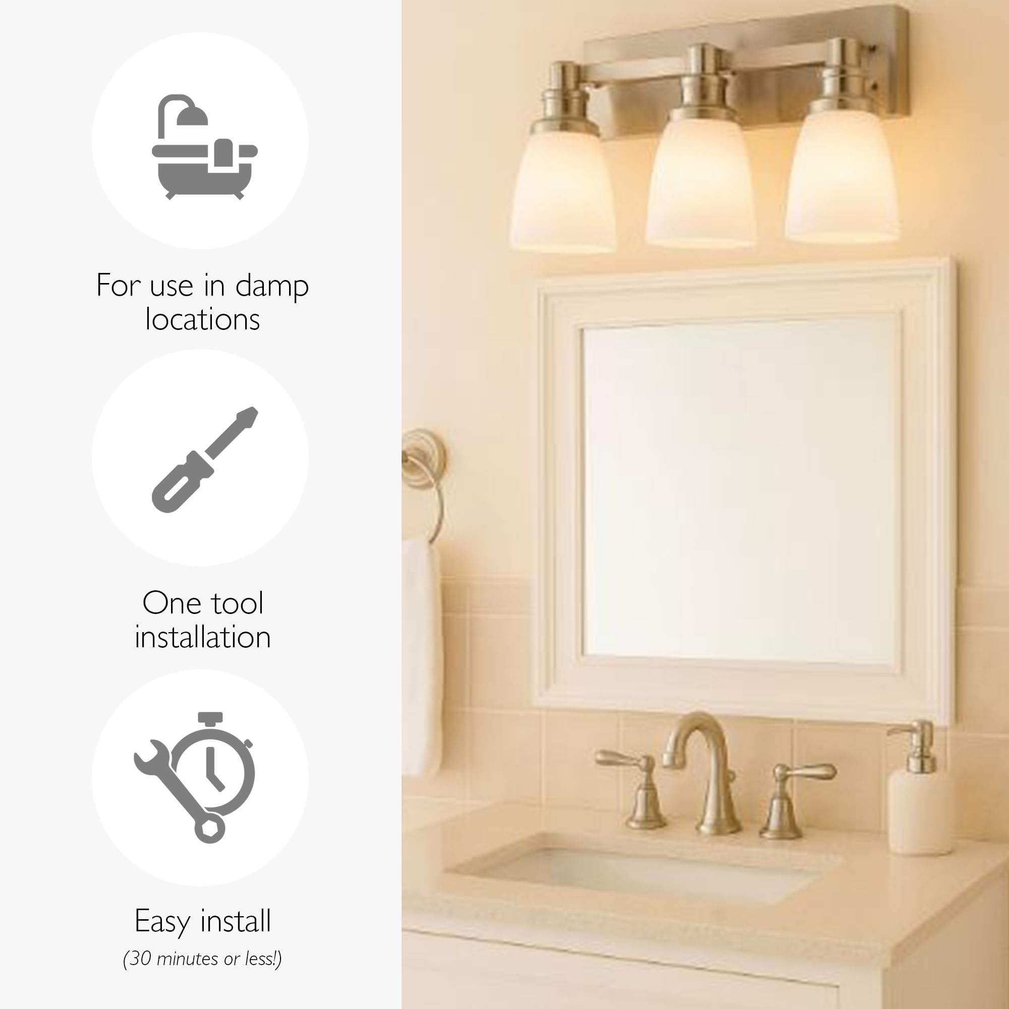 Design House Atkinson Vanity Light, 3-Light, Frosted White Glass Shades, Dimmable, Up/Down Mountable, E26 Socket, Satin Nickel, 23.3 in L x 7.4 in W x 8.6 in H, 589523 - Image 7