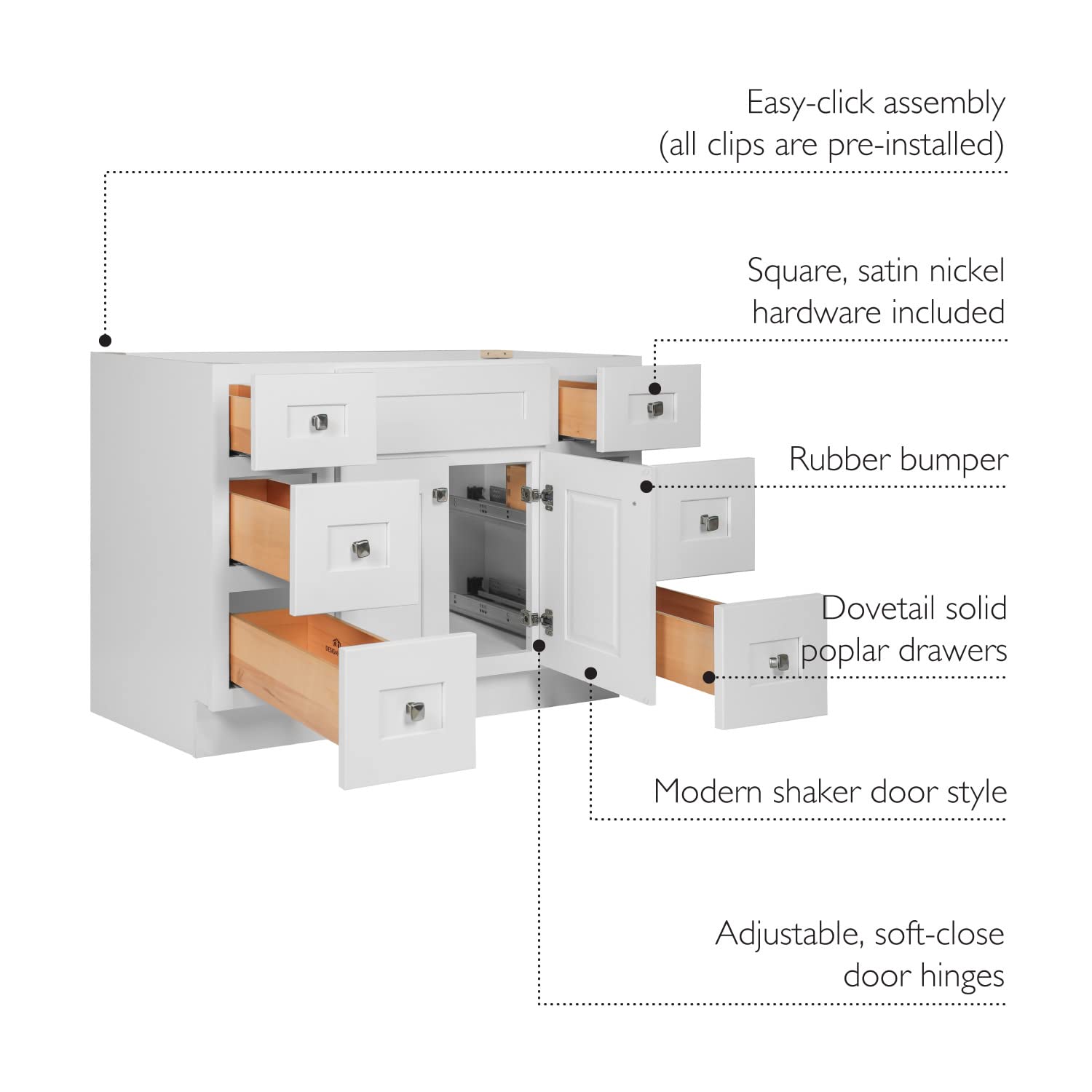 Design House Brookings Bathroom Vanity, Solid Wood, Shaker Style, Soft-Close, 2 Doors and 6 Drawers, Easy-Assembly, Satin Nickel Knobs, White, 49.6 in. W x 33.3 in. H x 22.8 in. D, 599001-WHT - Image 11