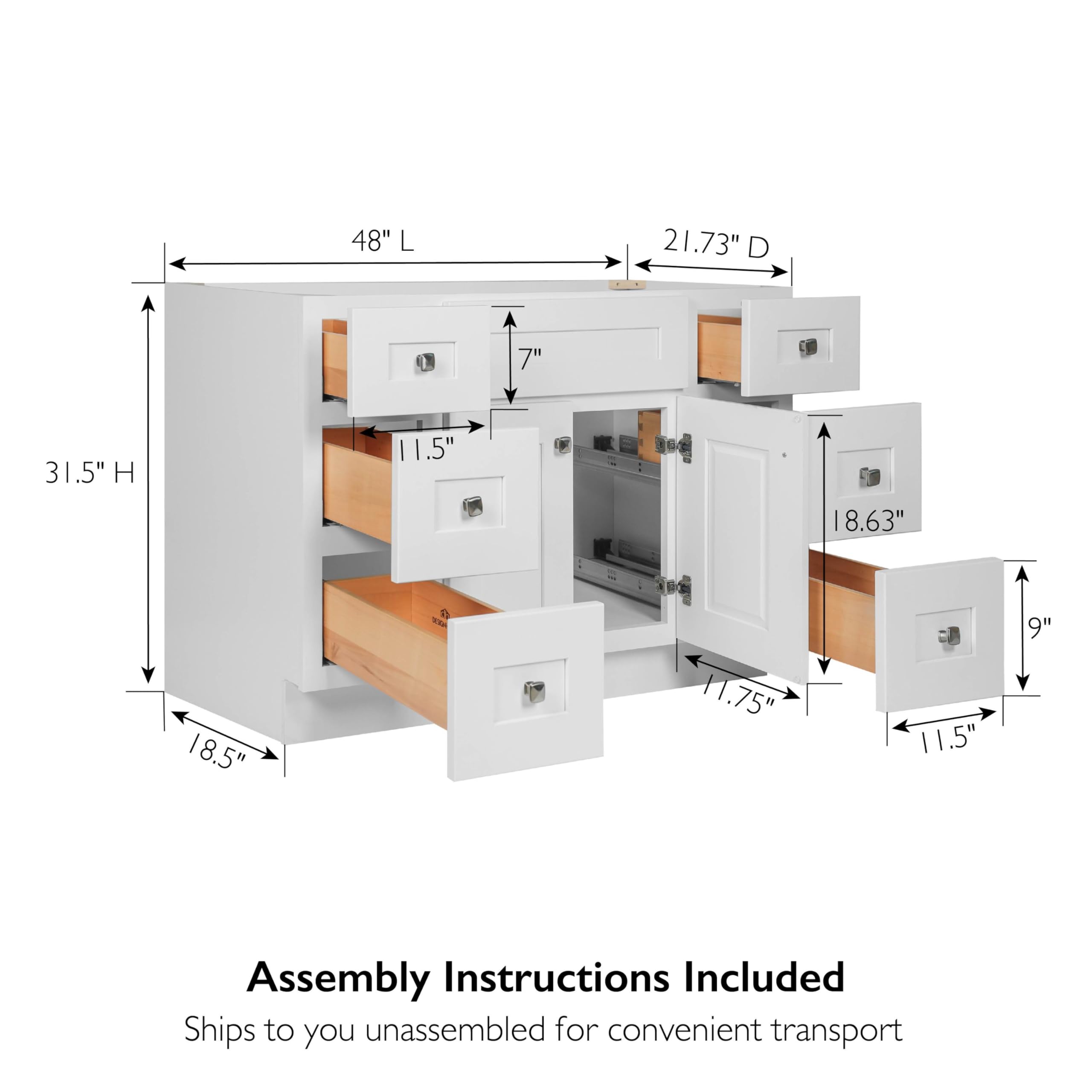 Design House Brookings Bathroom Vanity, Solid Wood, Shaker Style, Soft-Close, 2 Doors and 6 Drawers, Easy-Assembly, Satin Nickel Knobs, White, 49.6 in. W x 33.3 in. H x 22.8 in. D, 599001-WHT - Image 3