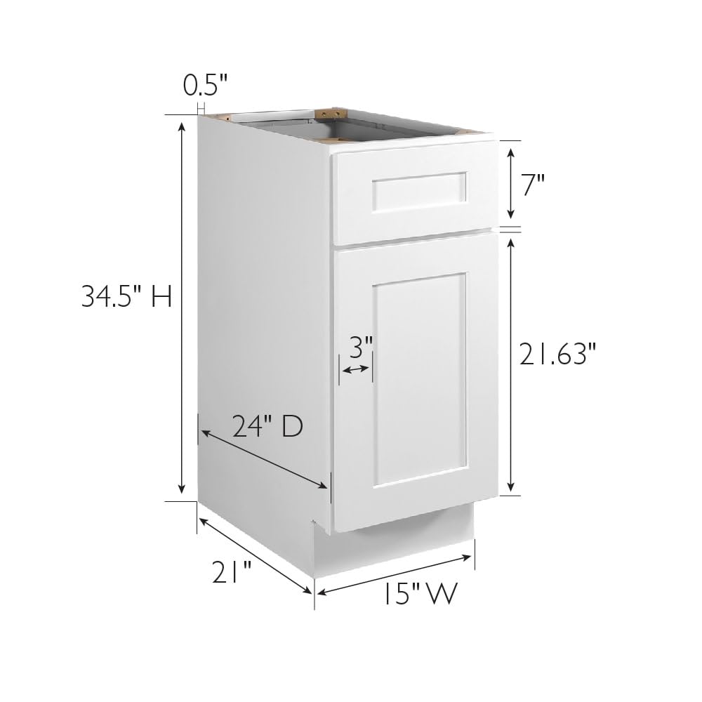 Design House Brookings Shaker Fully Assembled Base Kitchen Cabinet B15, 15 W x 24 D x 34.5 H, Painted White, Solid Wood, Design House, 613133 - Image 3