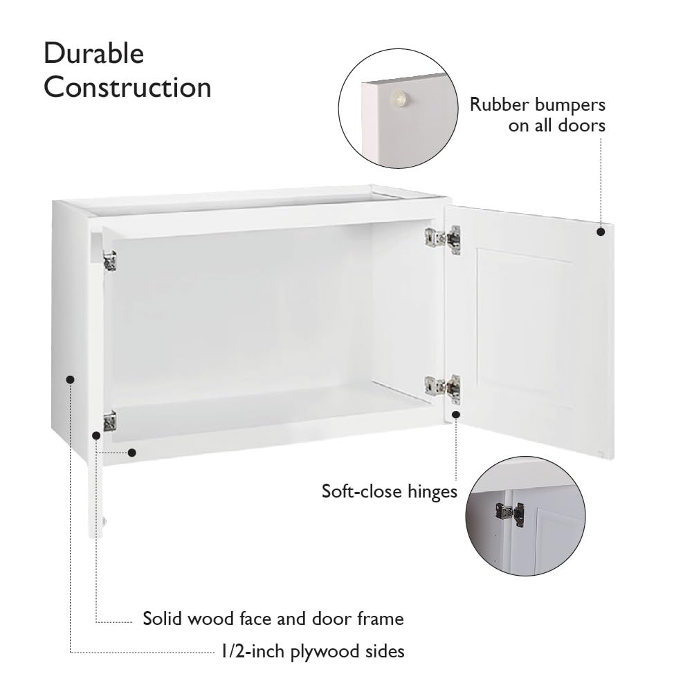 Design House Brookings Shaker Fully Assembled Bridge Wall Kitchen Cabinet W3012, 30 W x 12 D x 12 H, Painted White, Solid Wood, Design House, 613422 - Image 10