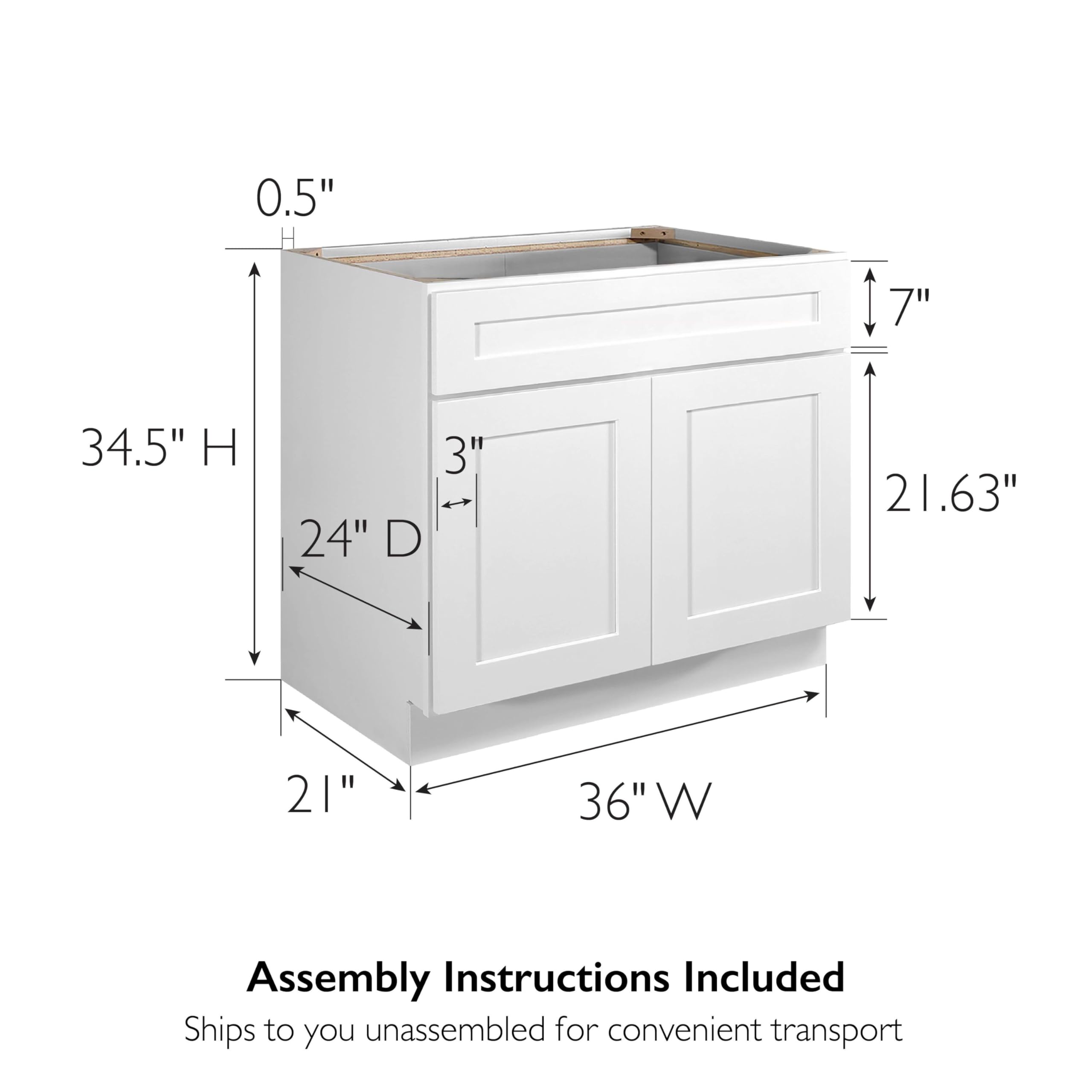 Design House Brookings Shaker Unassembled Sink Base Kitchen Cabinet SB36, 36 W x 24 D x 34.5 H, Painted White, Solid Wood, Design House, 561498 - Image 3