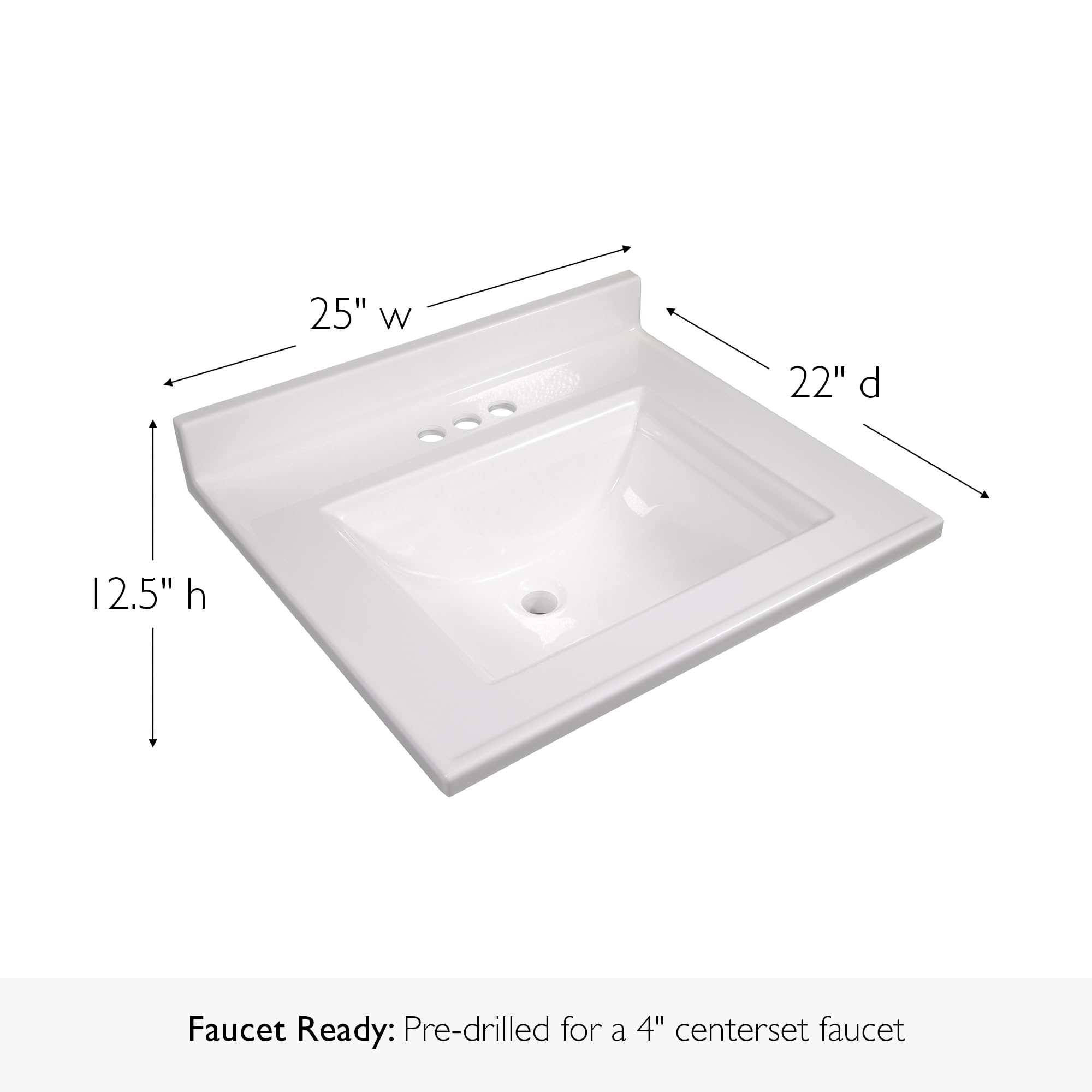 Design House Camilla Vanity Top, Cultured Marble, Centerset Mount, Integrated Backsplash, Stain Resistant, Rectangle Bowl, White, 25 in W x 22 in D x 12.5 in H, Item 557629-WHT - Image 3