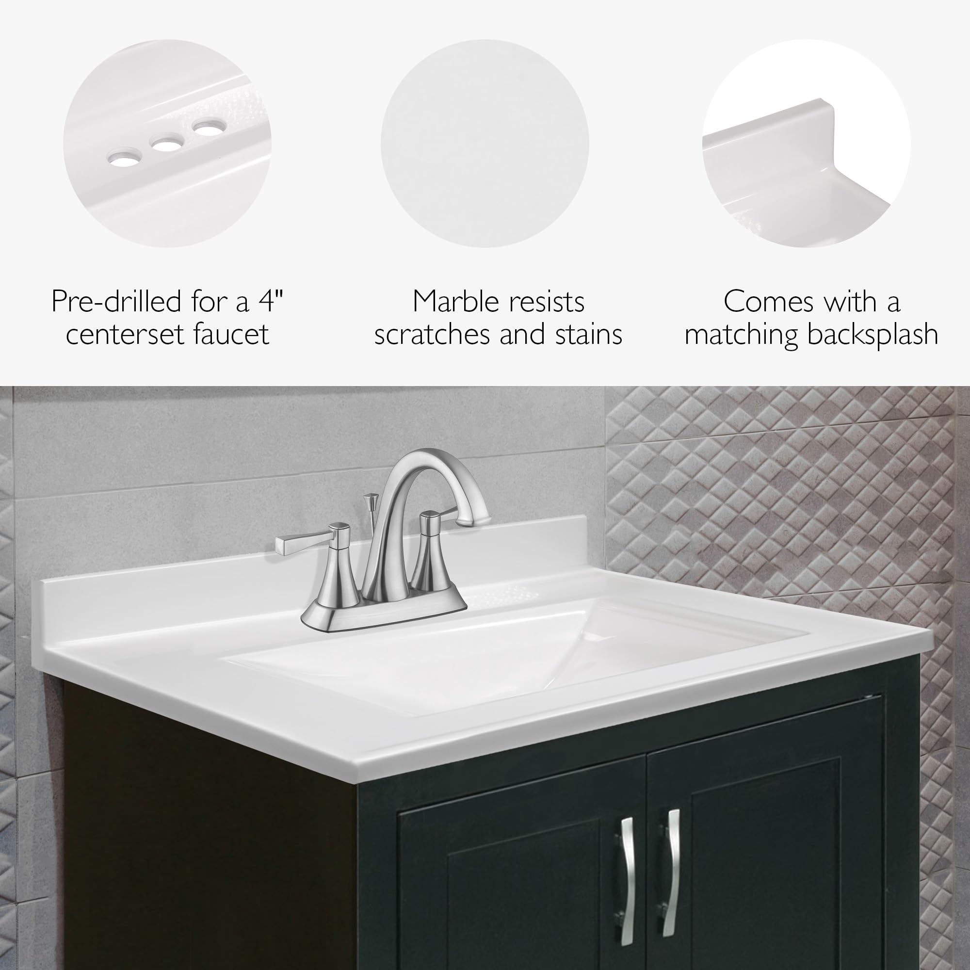 Design House Camilla Vanity Top, Cultured Marble, Centerset Mount, Integrated Backsplash, Stain Resistant, Rectangle Bowl, White, 25 in W x 22 in D x 12.5 in H, Item 557629-WHT - Image 4