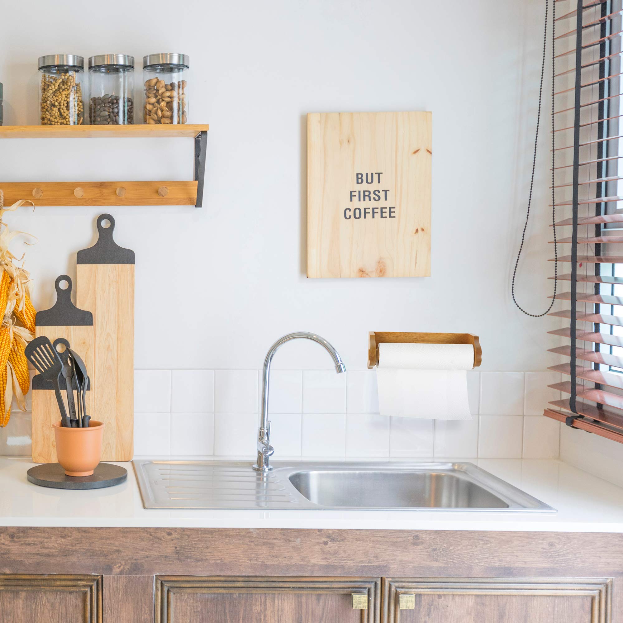 Design House Dalton Paper Towel Holder, Wall Mount, Easy Installation, Wood, Honey Oak, Durable, 13.4 in, 13.75 in W x 4.6 in L x 3.5 in H, Item 561233 - Image 5