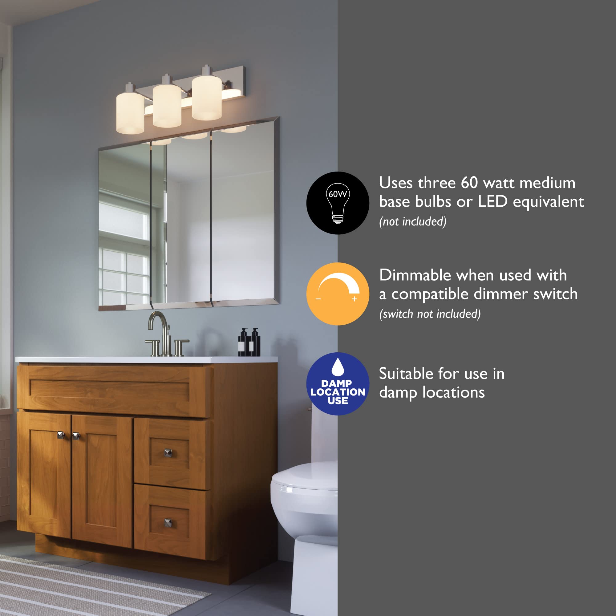 Design House Dane 3-Light Vanity Light, Polished Chrome Finish, Frosted Glass Shades, Dimmable, Bathroom Wall Fixture – Design House, 587478 - Image 8