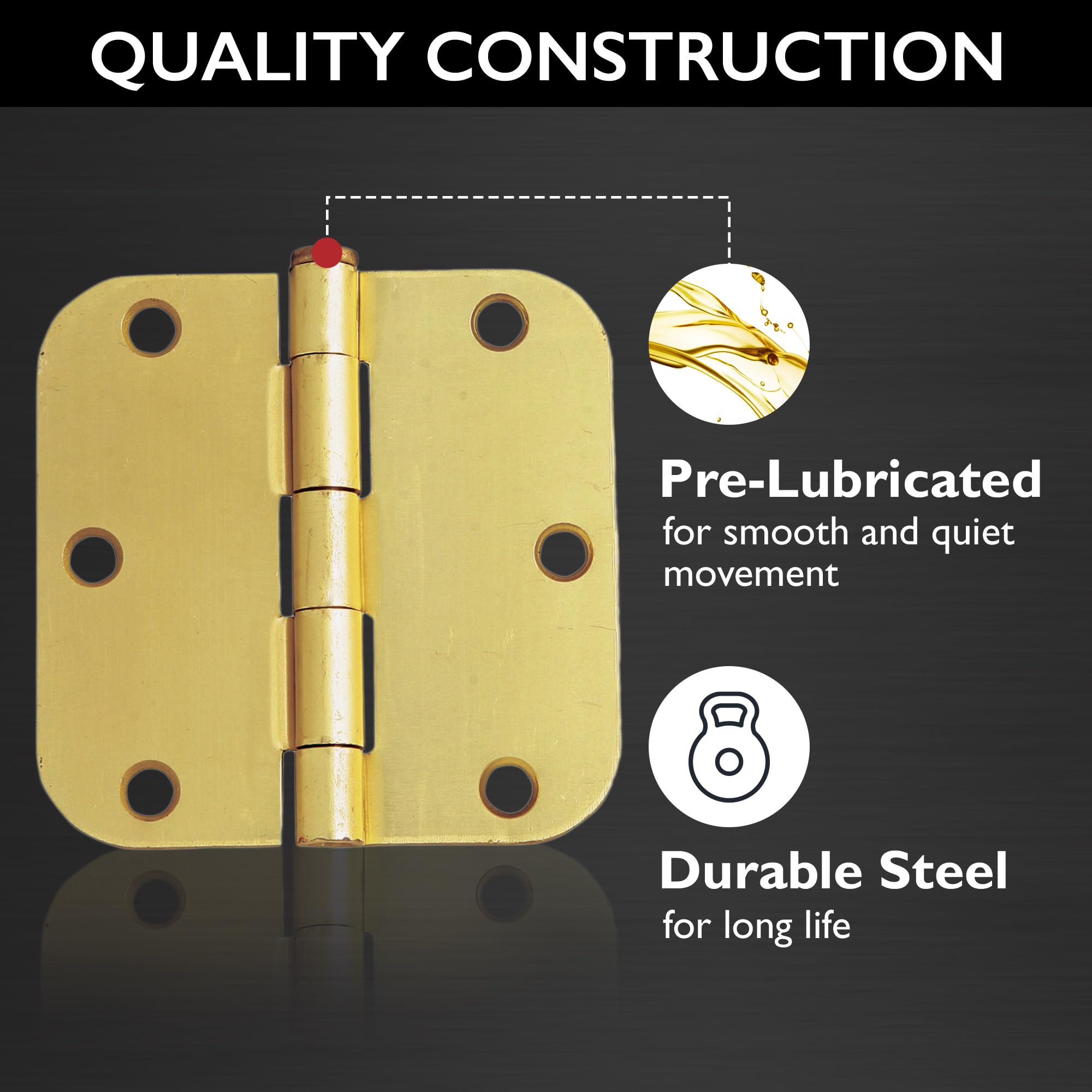 Design House Interior Door Hinges, 3.5 in. x 3.5 in., Rounded, 5/8-in. Radius, Steel, Pre-Lubricated, Door Hardware, Satin Brass, 3-Pack, 181396 - Image 7