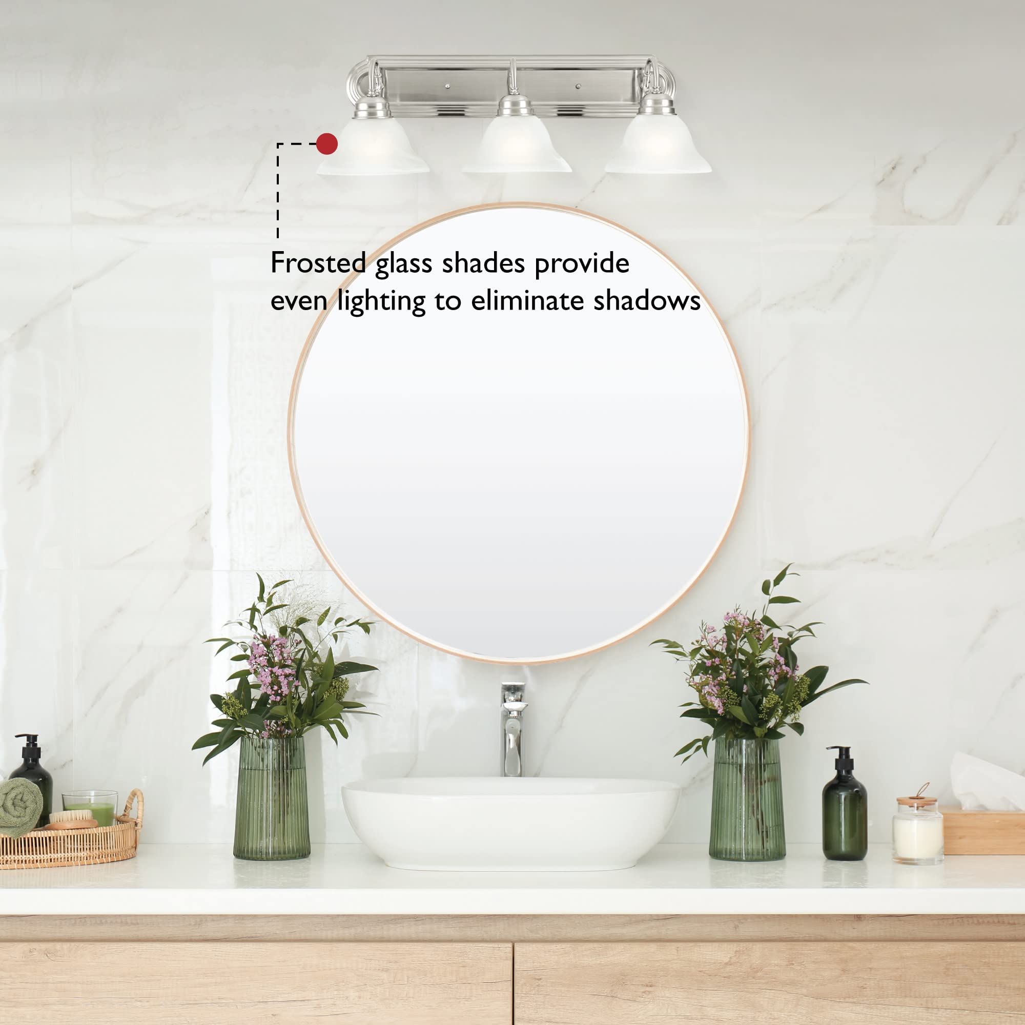 Design House Millbridge 3-Light Vanity Light, Satin Nickel Finish, Frosted Glass Shades, Dimmable, Bathroom Wall Fixture – Design House, 517383 - Image 4