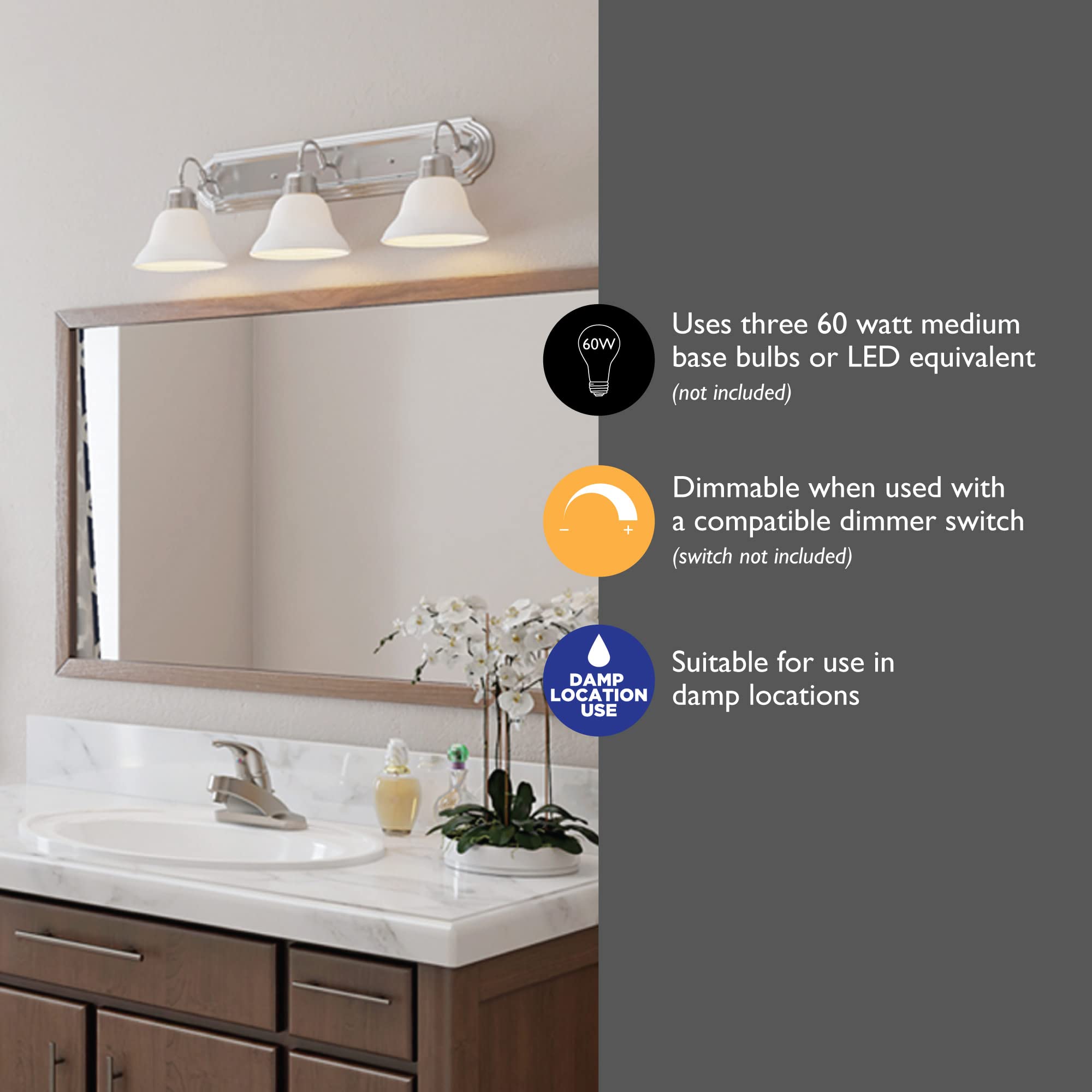 Design House Millbridge 3-Light Vanity Light, Satin Nickel Finish, Frosted Glass Shades, Dimmable, Bathroom Wall Fixture – Design House, 517383 - Image 5