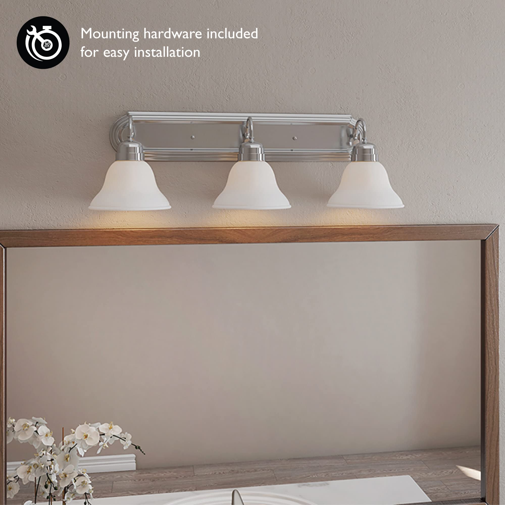 Design House Millbridge 3-Light Vanity Light, Satin Nickel Finish, Frosted Glass Shades, Dimmable, Bathroom Wall Fixture – Design House, 517383 - Image 7