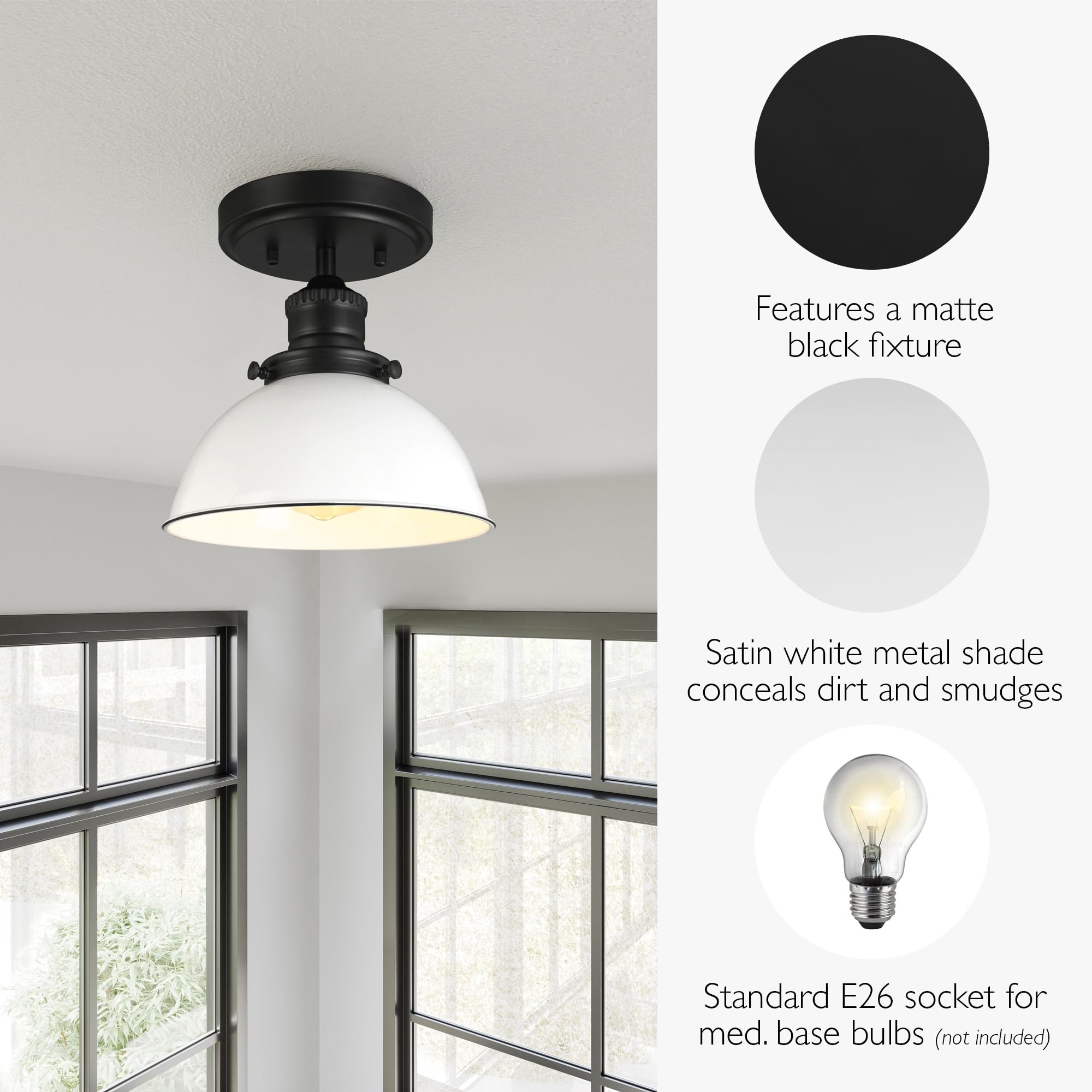 Design House Savannah Rustic Farmhouse Ceiling Light, Semi-Flush Mount, Dimmable, White Metal Shade, Matte Black, 8 in x 8 in x 9 in, 588319 - Image 3