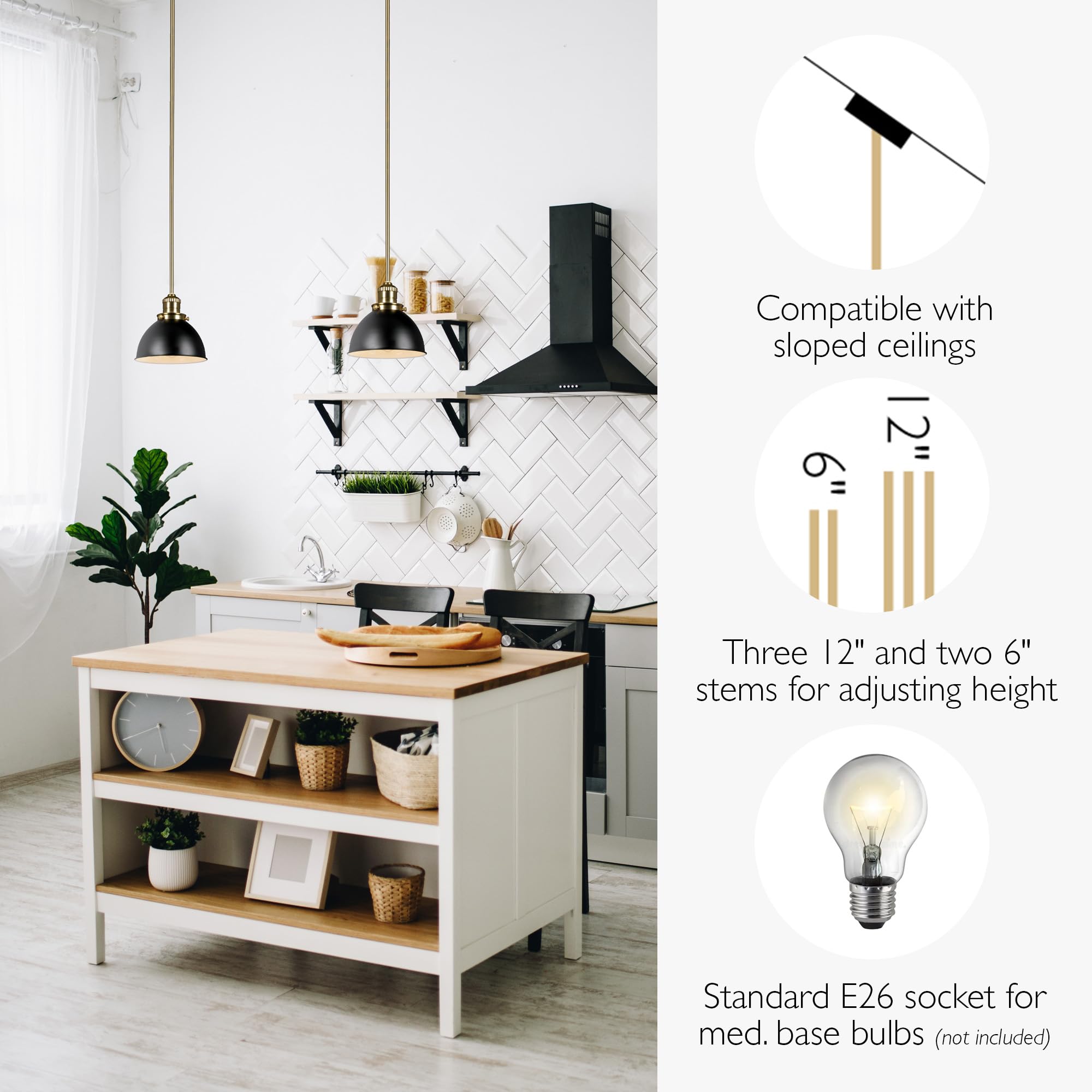 Design House Savannah Rustic Farmhouse Pendant Light, Dimmable, Satin Gold, Matte Black Metal Shade, 8 in x 8 in x 57.63 in, 588327-BGD - Image 3